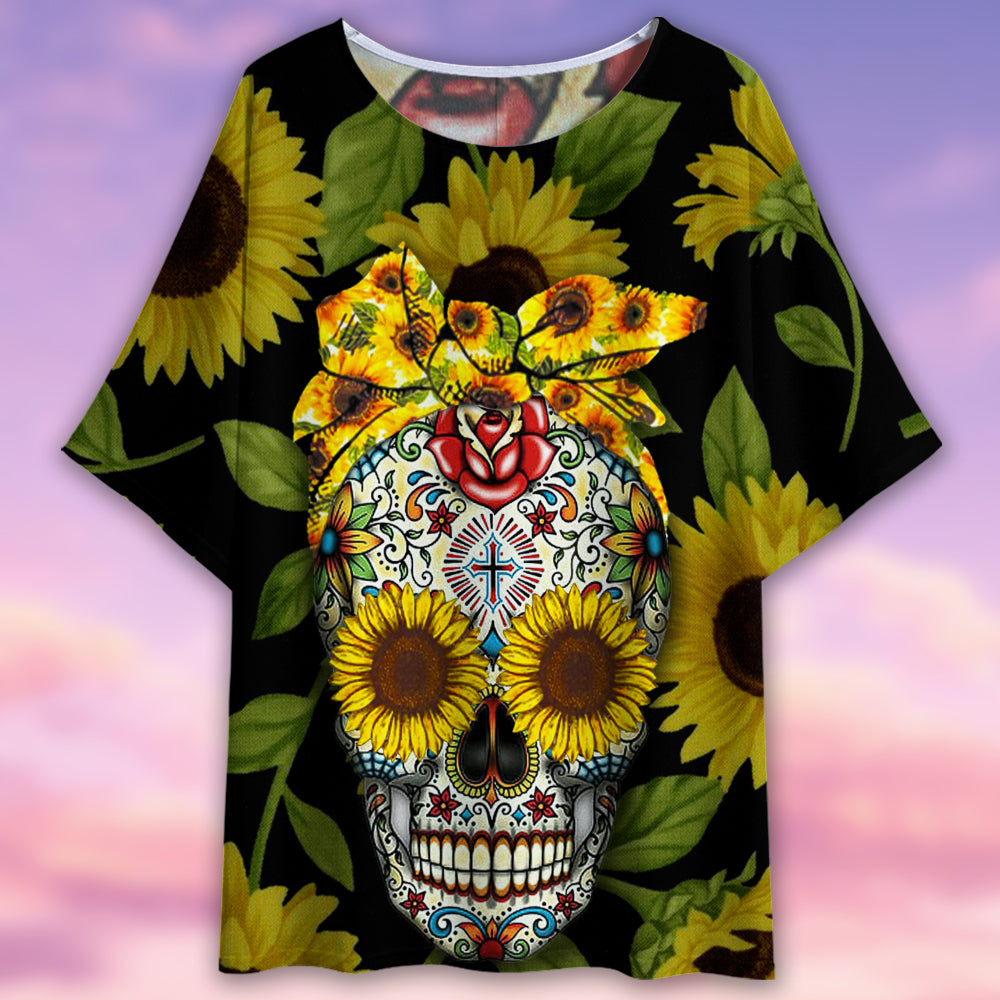 Skull Sunflower Pattern Style - Women's T-shirt With Bat Sleeve - Owls Matrix LTD