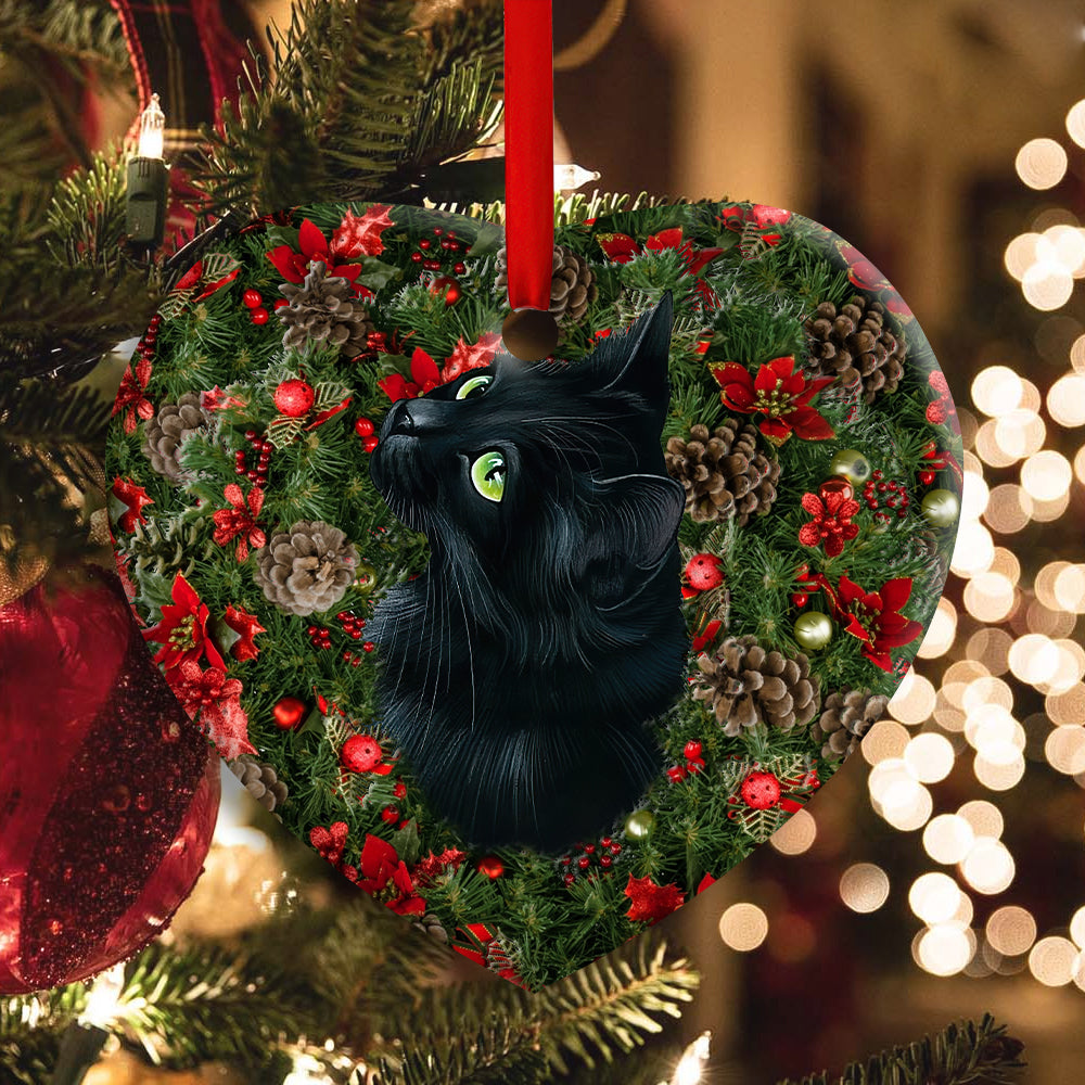Christmas Black Cat Meowy Catmas - Heart Ornament - Owls Matrix LTD