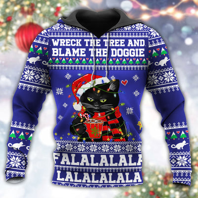Black Cat Wreck The Tree And Blame The Doggies Christmas - Hoodie - Owls Matrix LTD
