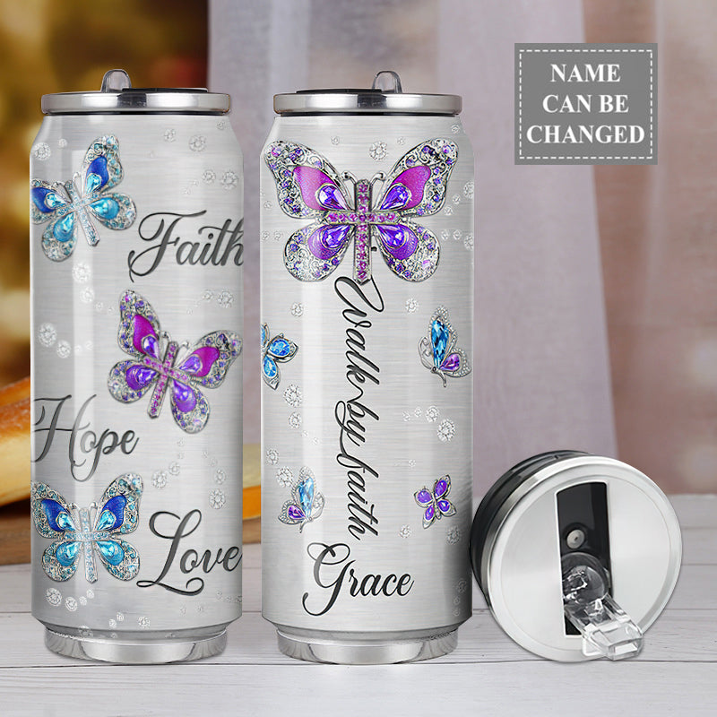 M Butterfly Faith Hope Love Jewel Style Personalized - Soda Can Tumbler - Owls Matrix LTD