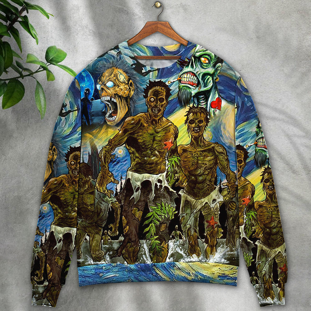 Halloween Zombie Crazy Starry Night Funny Boo Art Style - Sweater - Ugly Christmas Sweaters - Owls Matrix LTD