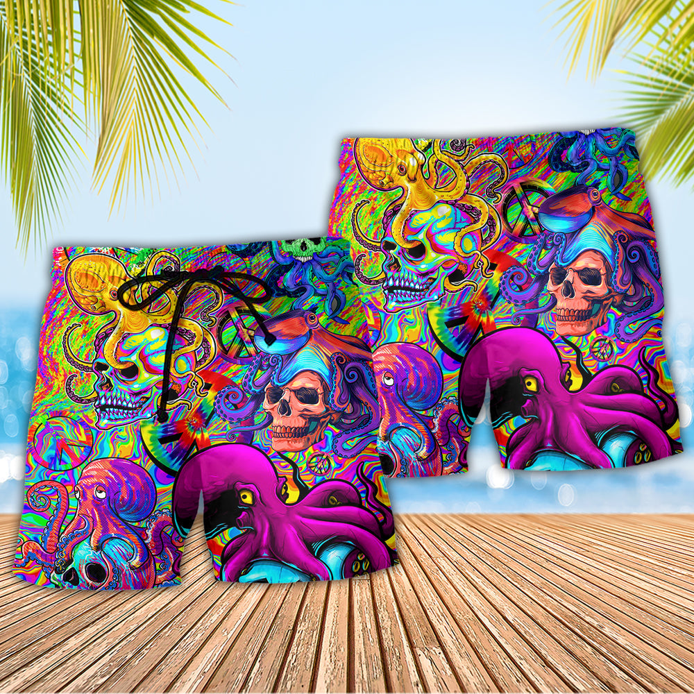 Hippie Skull Octopus Colorful Tie Dye - Beach Short - Owls Matrix LTD