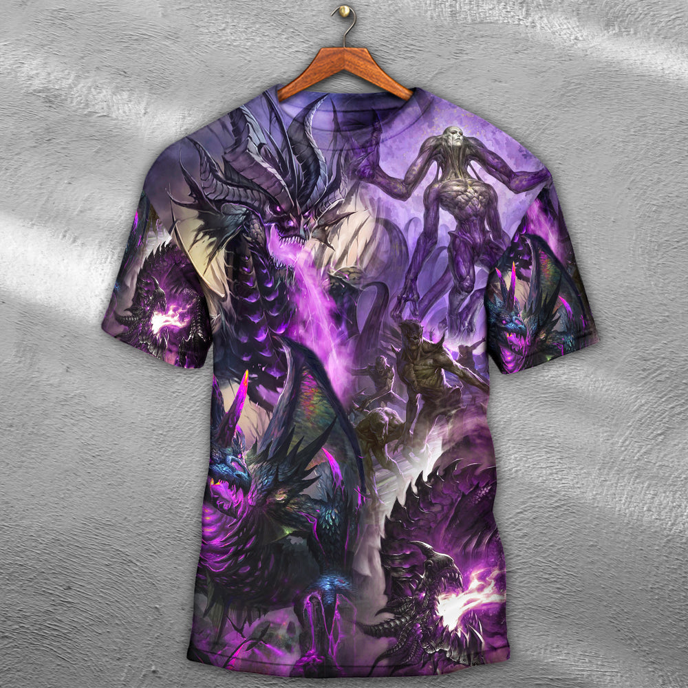 Dragon Purple Skull Monster Lightning Fight Art Style - Round Neck T-shirt - Owls Matrix LTD