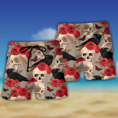 Skull With Rose Flower And Raven Gothic Style - Beach Short - Owls Matrix LTD