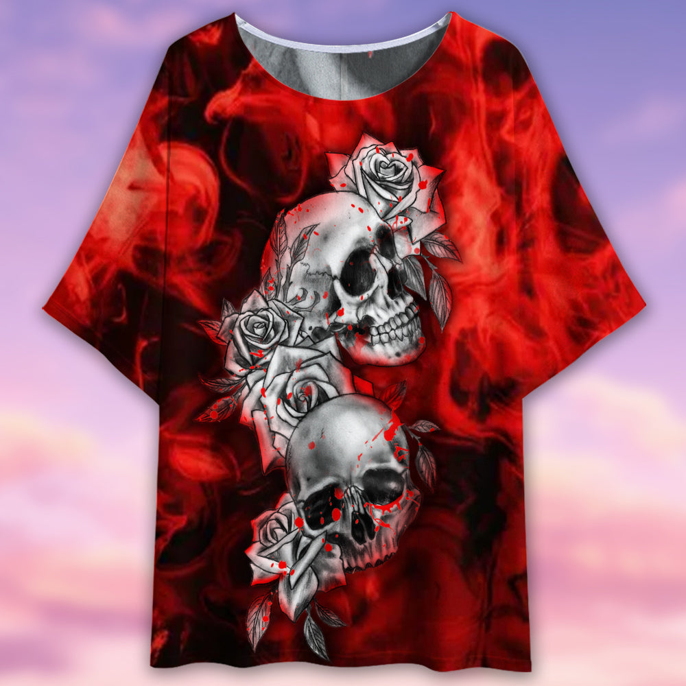 Skull Flower Blood Style - Women's T-shirt With Bat Sleeve - Owls Matrix LTD