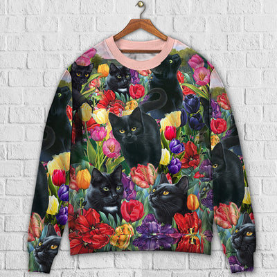 Black Cat Love Flowers Colorful - Sweater - Ugly Christmas Sweaters - Owls Matrix LTD