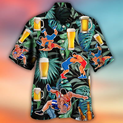 Beer And Wrestling Tropical Pattern - Hawaiian Shirt - Owls Matrix LTD