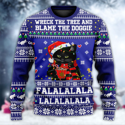 Black Cat Wreck The Tree And Blame The Doggies - Sweater - Ugly Christmas Sweaters - Owls Matrix LTD