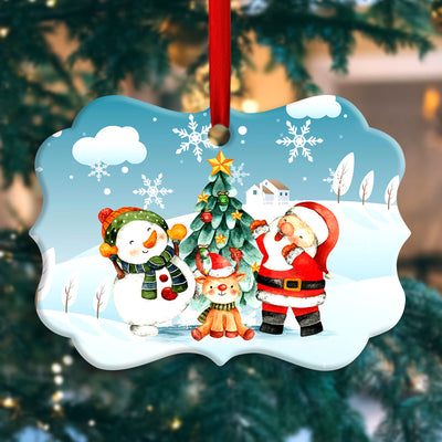 Christmas Santa Snowman And Deer Happy Together - Horizonal Ornament - Owls Matrix LTD