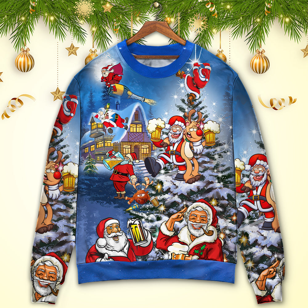 Christmas Funny Santa Claus Drinking Beer Troll Xmas - Sweater - Ugly Christmas Sweaters - Owls Matrix LTD