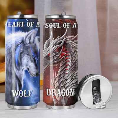 M Dragon Wolf Heart Of A Wolf Soul Of A Dragon - Soda Can Tumbler - Owls Matrix LTD