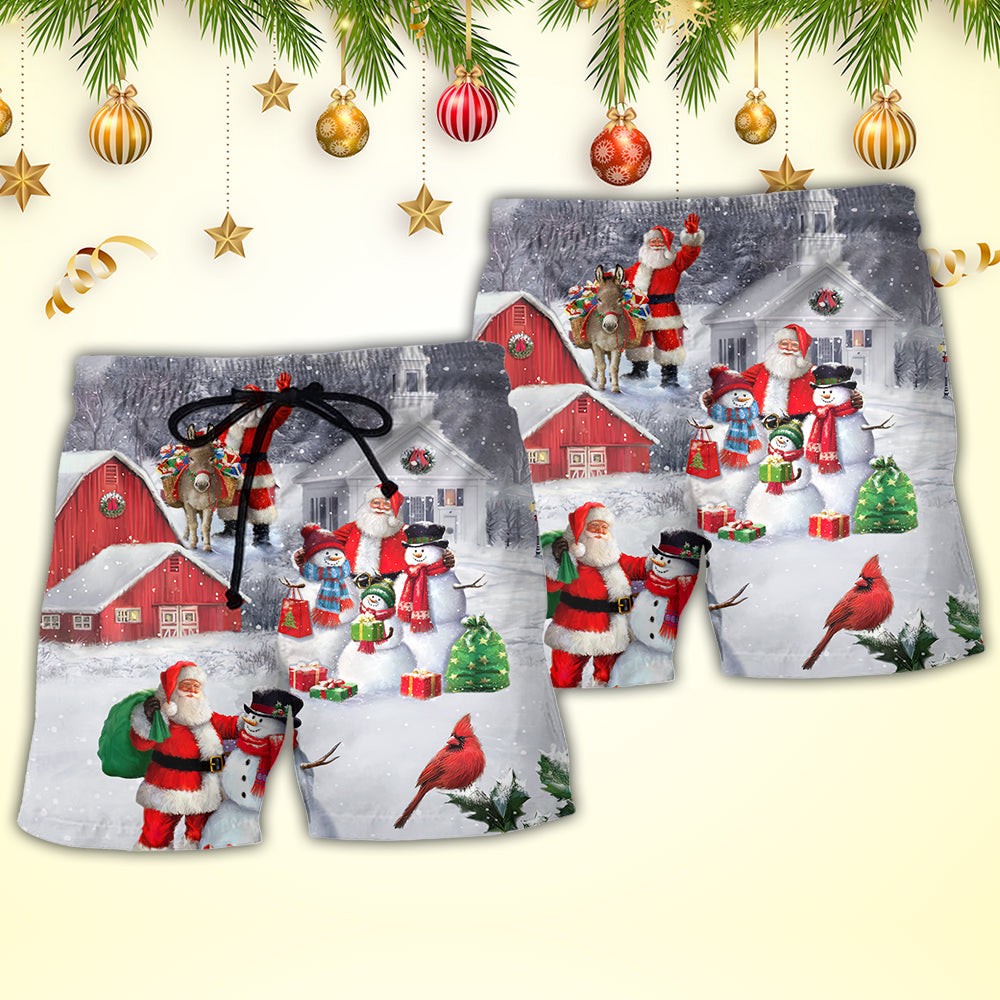 Christmas Santa Claus With Snowman Family In The Town Art Style - Beach Short - Owls Matrix LTD