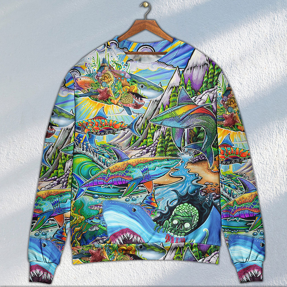 Shark Hippie Colorful Art Peace - Sweater - Ugly Christmas Sweaters - Owls Matrix LTD