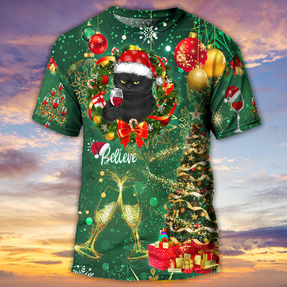 Christmas Black Cat Drinking Happy Christmas Tree Green Light - Round Neck T-shirt - Owls Matrix LTD