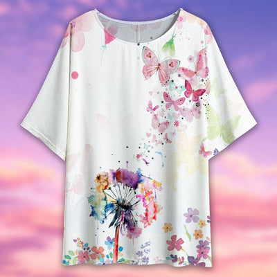 Butterfly And Flowers Watercolor - Women's T-shirt With Bat Sleeve - Owls Matrix LTD