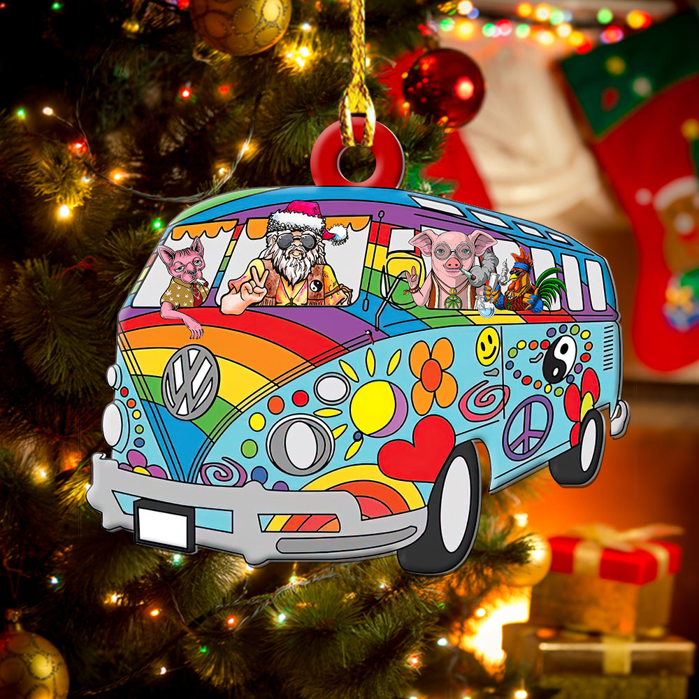 Hippie Christmas Hippie Van Party Over Night - Custom Shape Ornament - Owls Matrix LTD
