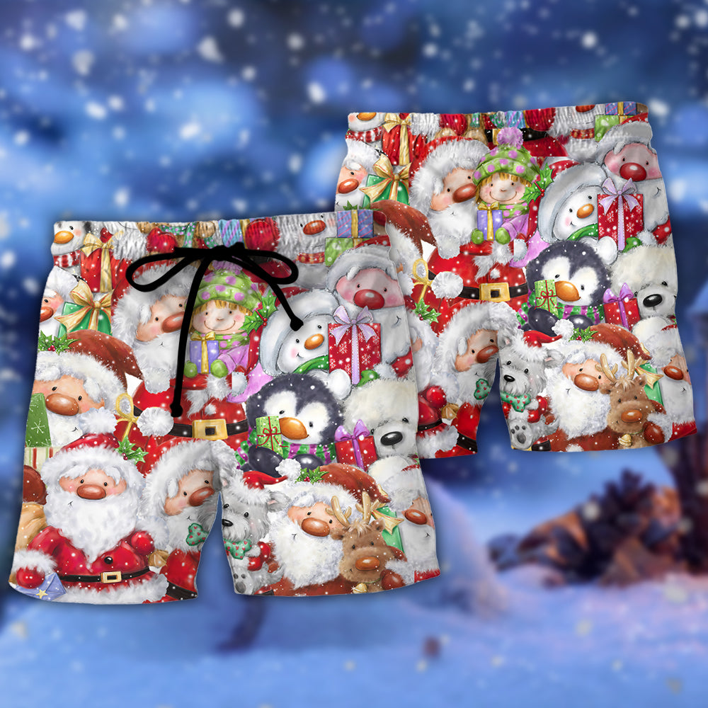 Christmas Santa And Friends Happy Together - Beach Short - Owls Matrix LTD