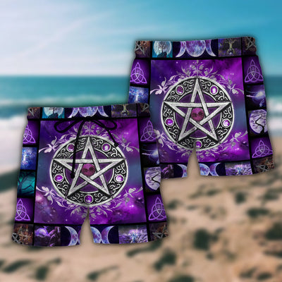 Wicca Witch Vibes Purple Pentagram - Beach Short - Owls Matrix LTD
