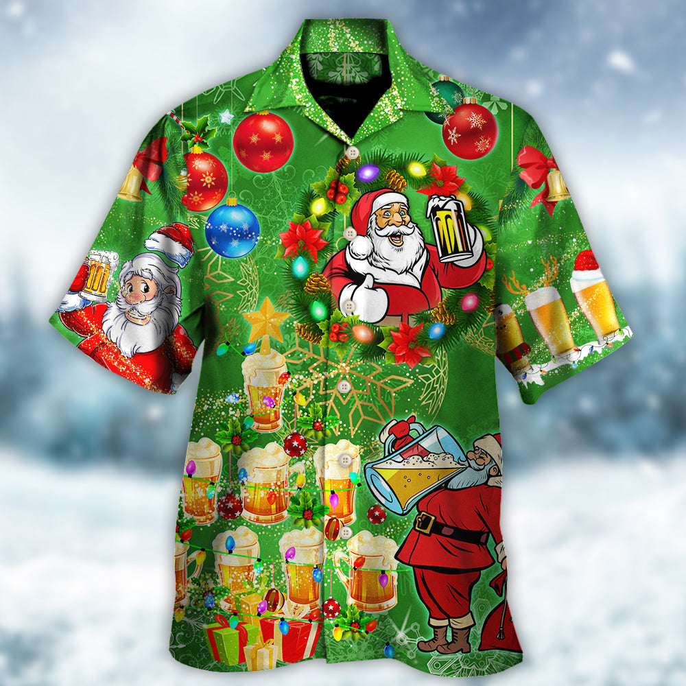Christmas Funny Santa Claus Drinking Beer Happy Christmas Tree Green Light - Hawaiian Shirt - Owls Matrix LTD