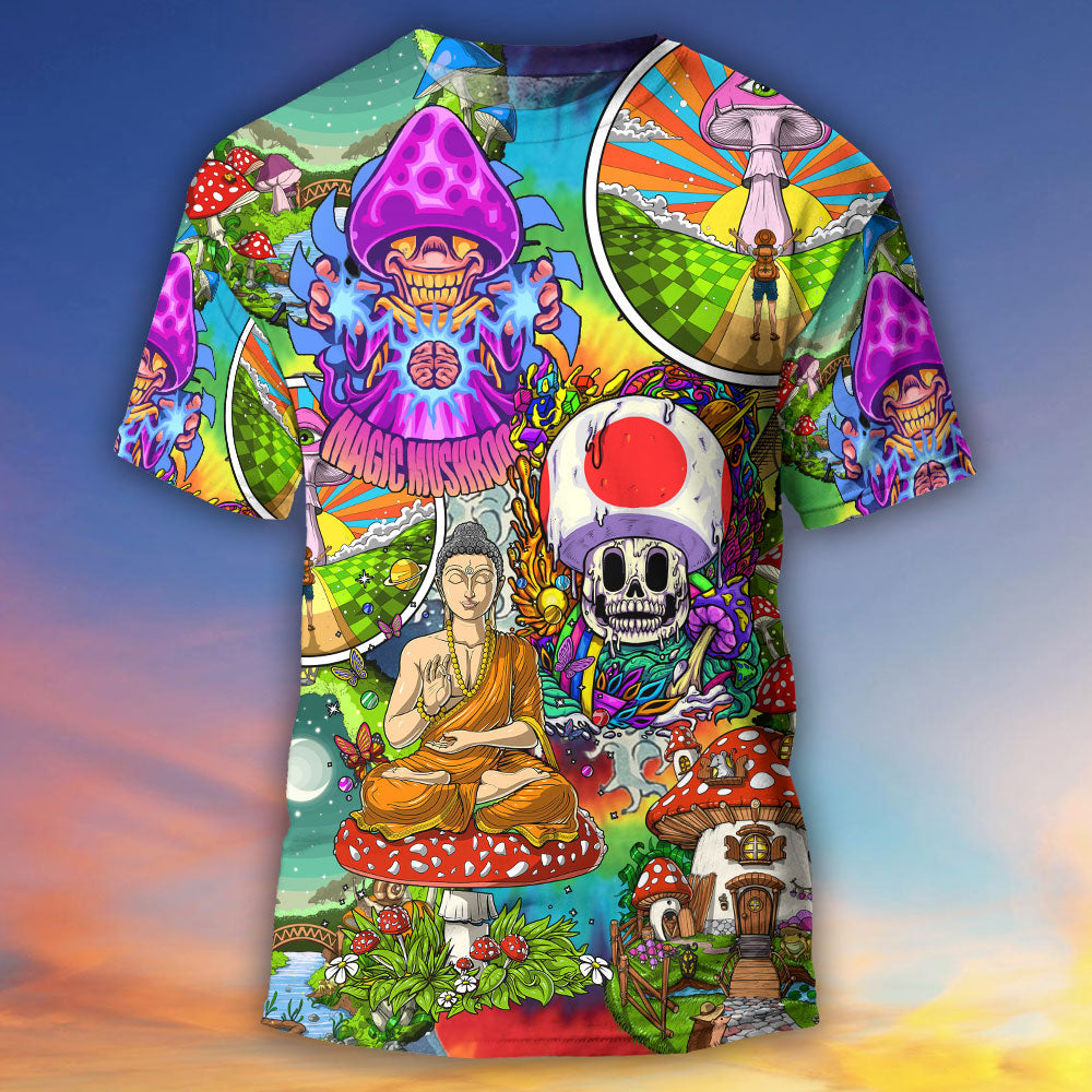 Hippie Mushroom Peace Colorful Let It Be - Round Neck T-shirt - Owls Matrix LTD