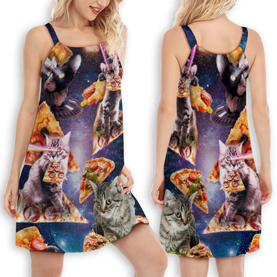 Cat Into The Galaxy Pizza Sky - Women's Sleeveless Cami Dress - Owls Matrix LTD