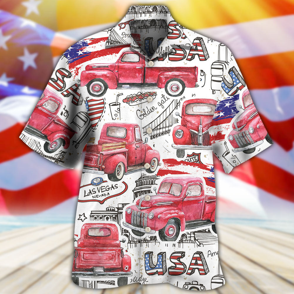 Truck Red USA Flag Independence Day - Hawaiian Shirt - Owls Matrix LTD