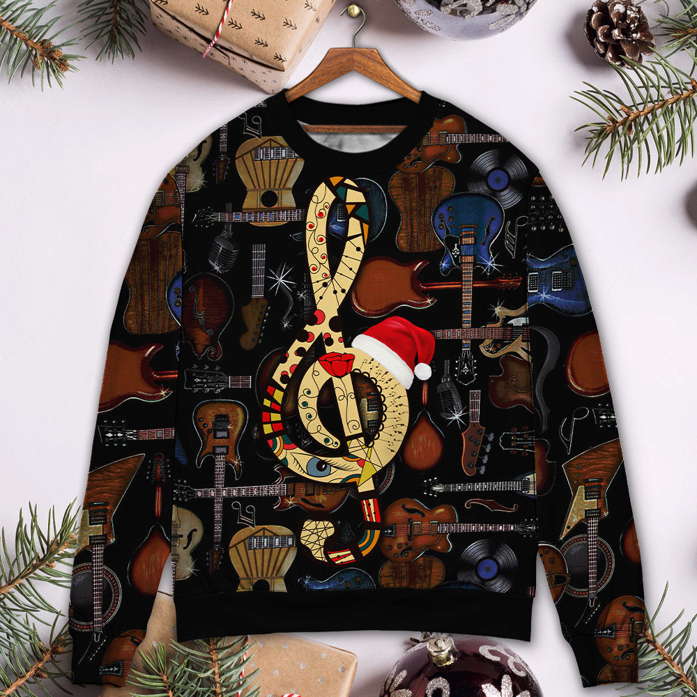 Christmas Guitar Happiness With Santa Hat - Sweater - Ugly Christmas Sweaters - Owls Matrix LTD