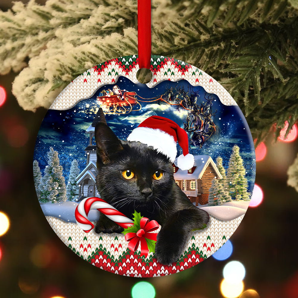 Christmas Black Cat Funny Xmas Light Santa Claus Decor Tree Hanging - Circle Ornament - Owls Matrix LTD