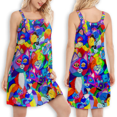 Cat Colorful Rainbow - Women's Sleeveless Cami Dress - Owls Matrix LTD