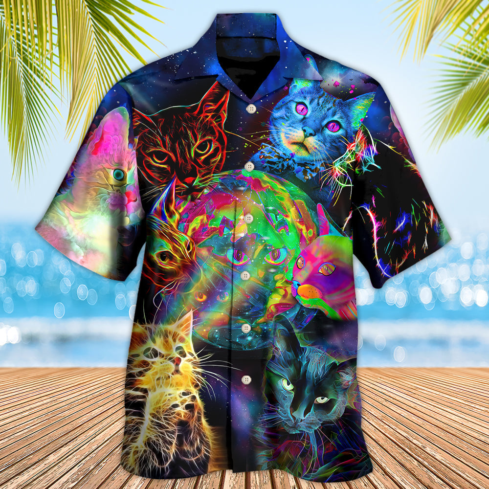 Cat Psychedelic Glowing Galaxy Neon - Hawaiian Shirt - Owls Matrix LTD