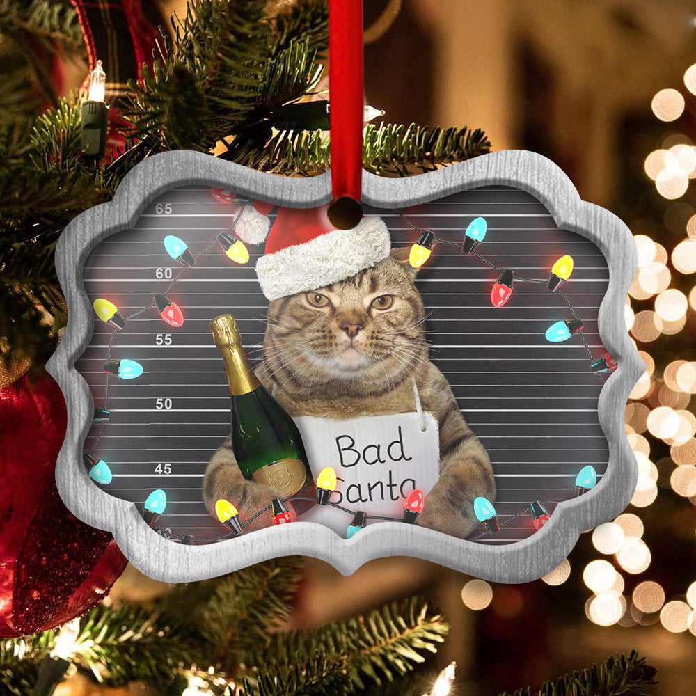 Christmas Cat Bad Santa Champagne And Santa Hat - Horizontal Ornament - Owls Matrix LTD