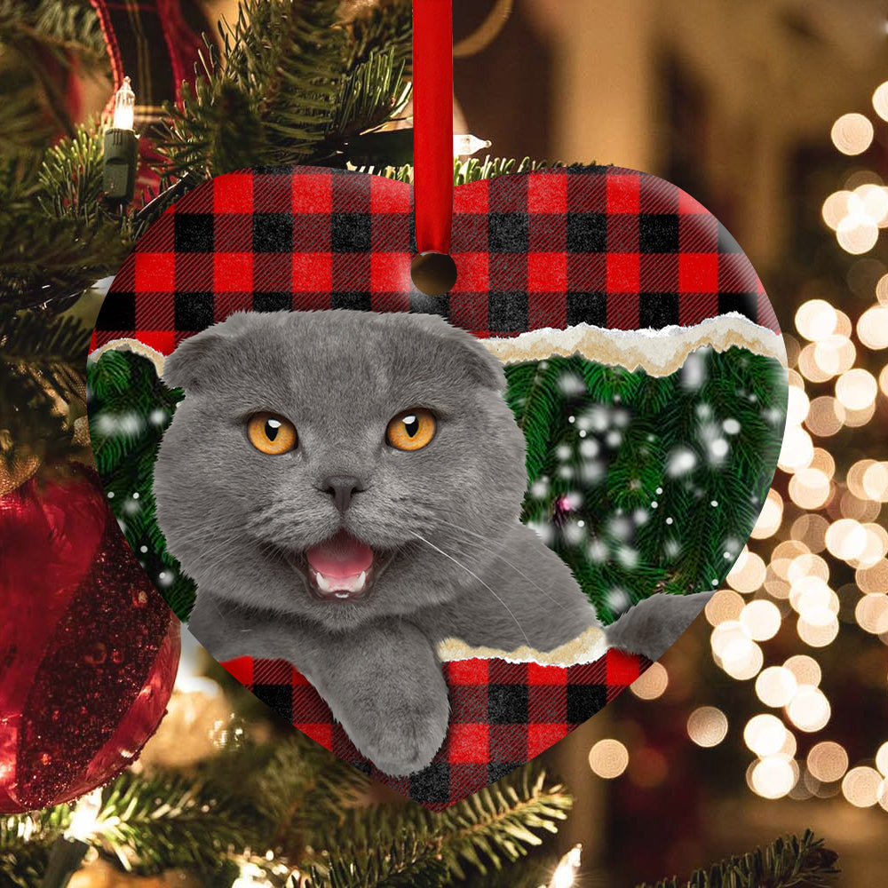 Christmas Cat Happy Meowy Xmas - Heart Ornament - Owls Matrix LTD