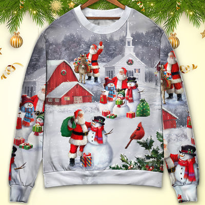Christmas Santa Claus With Snowman Family In The Town Art Style - Sweater - Ugly Christmas Sweaters - Owls Matrix LTD
