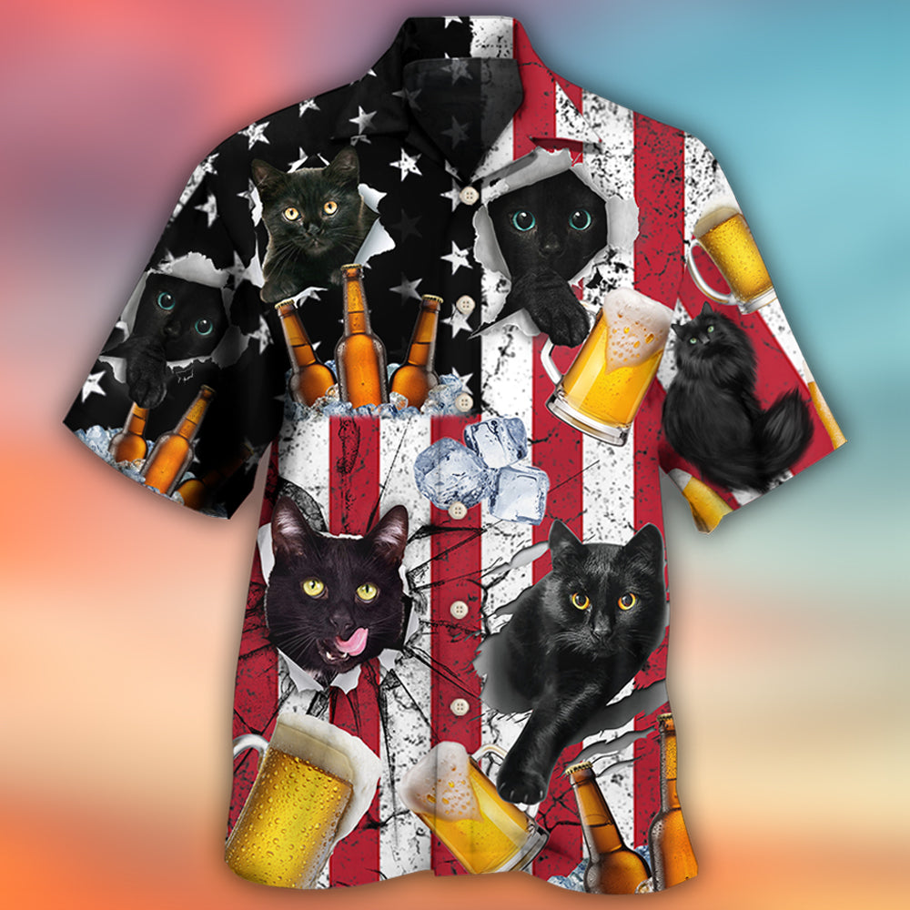 Beer And Black Cat American Flag Vintage - Hawaiian Shirt - Owls Matrix LTD