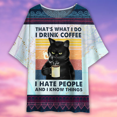Black Cat Coffee That's What I Do - Women's T-shirt With Bat Sleeve - Owls Matrix LTD