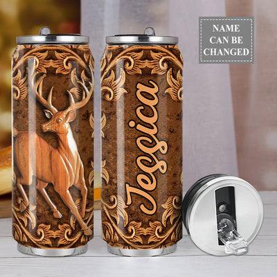 M Hunting Deer Classic Wood Style Personalized - Soda Can Tumbler - Owls Matrix LTD