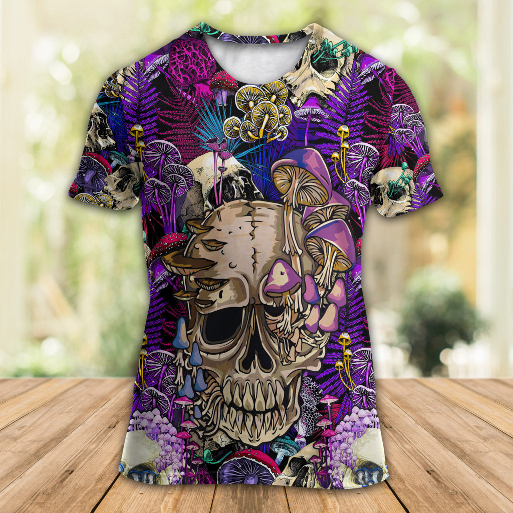 Mushroom Crazy Bright Magic Psychedelic Skull - Round Neck T-shirt - Owls Matrix LTD