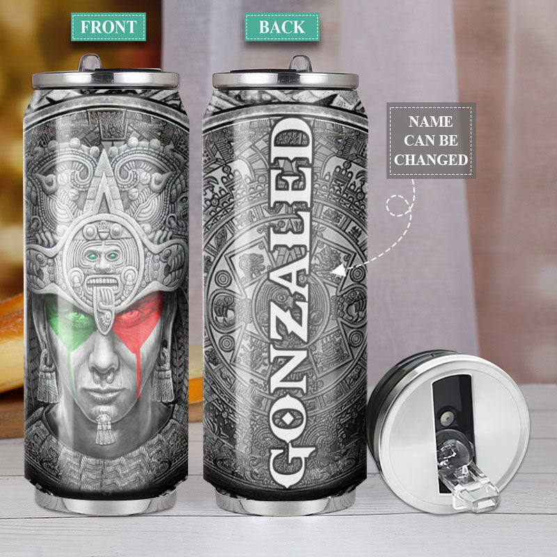M Aztec Warrior Mexico Metal Style Personalized - Soda Can Tumbler - Owls Matrix LTD