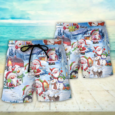 Christmas Santa And Snowman Christmas Holiday - Beach Short - Owls Matrix LTD