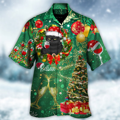 Christmas Black Cat Drinking Happy Christmas Tree Green Light - Hawaiian Shirt - Owls Matrix LTD