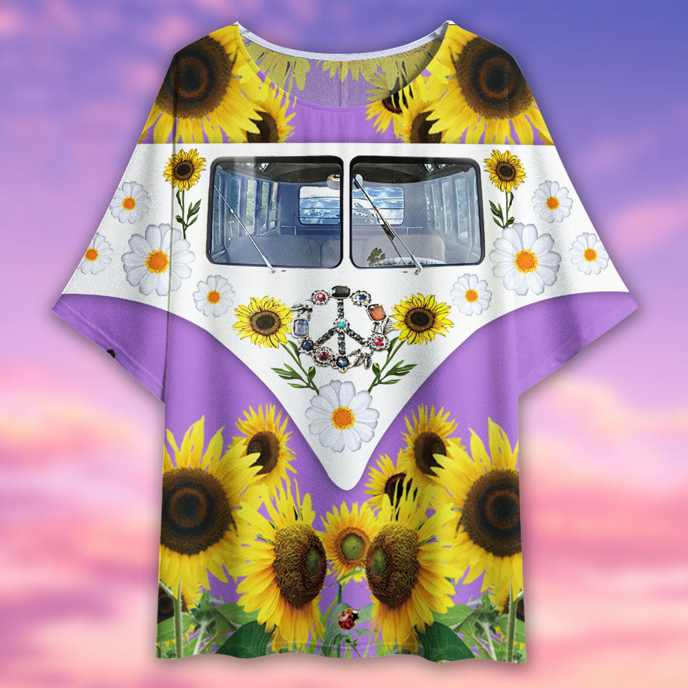 Hippie Peace Purple Bus With Sunflowers - Women's T-shirt With Bat Sleeve - Owls Matrix LTD