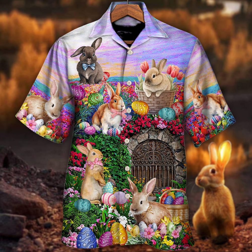Easter Rabbit Chilling In The Flower Landscape Watercolor Style - Hawaiian Shirt - Owls Matrix LTD