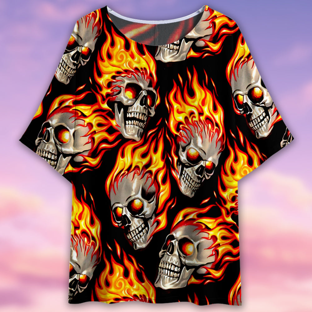 Skull Fire Lighting Pattern - Women's T-shirt With Bat Sleeve - Owls Matrix LTD