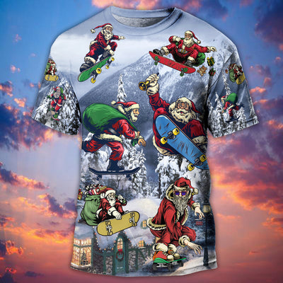 Christmas Santa Claus Skateboarding Snow Mountain Gift Light Art Style - Round Neck T-shirt - Owls Matrix LTD