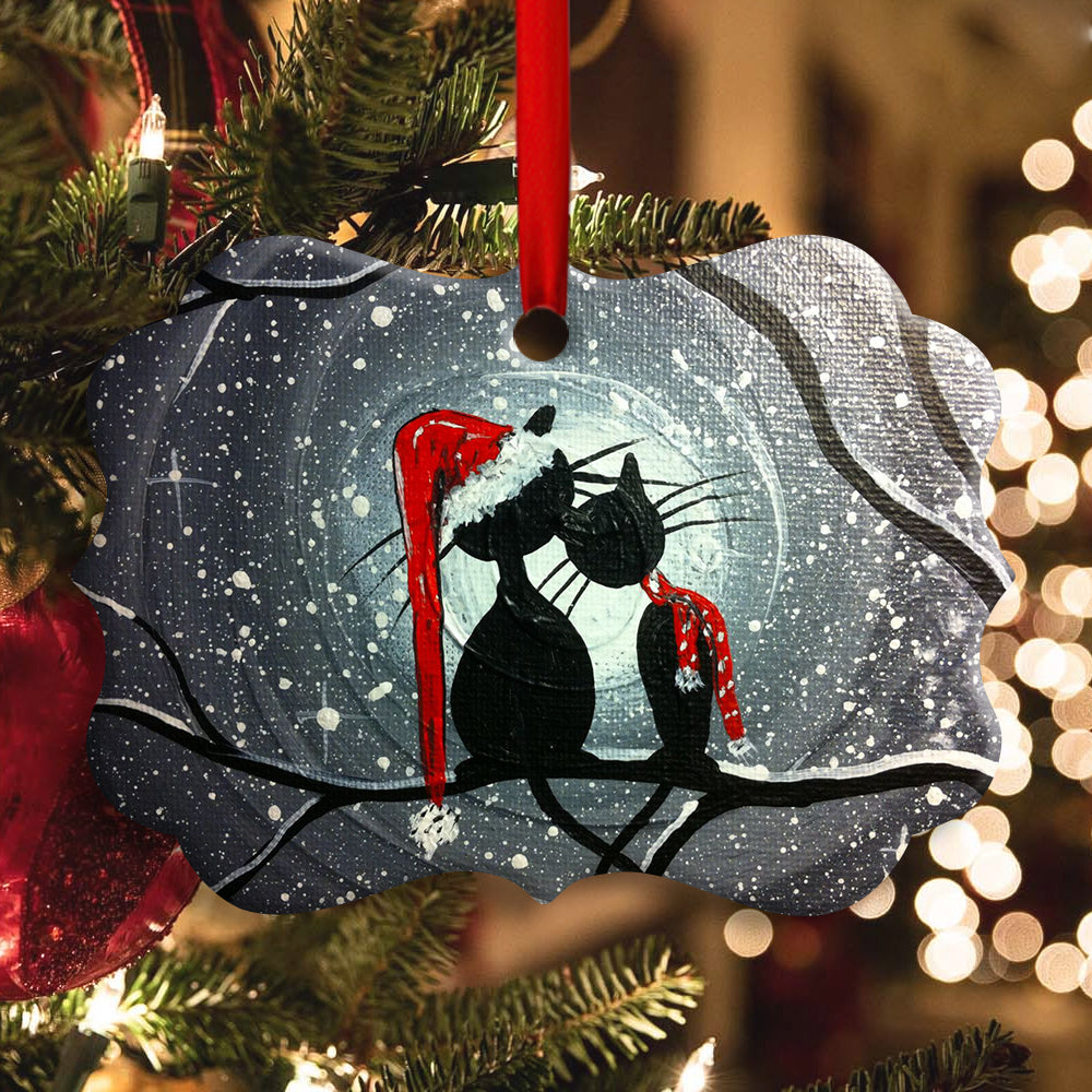 Christmas Cat Couple Lover With Moon - Horizontal Ornament - Owls Matrix LTD