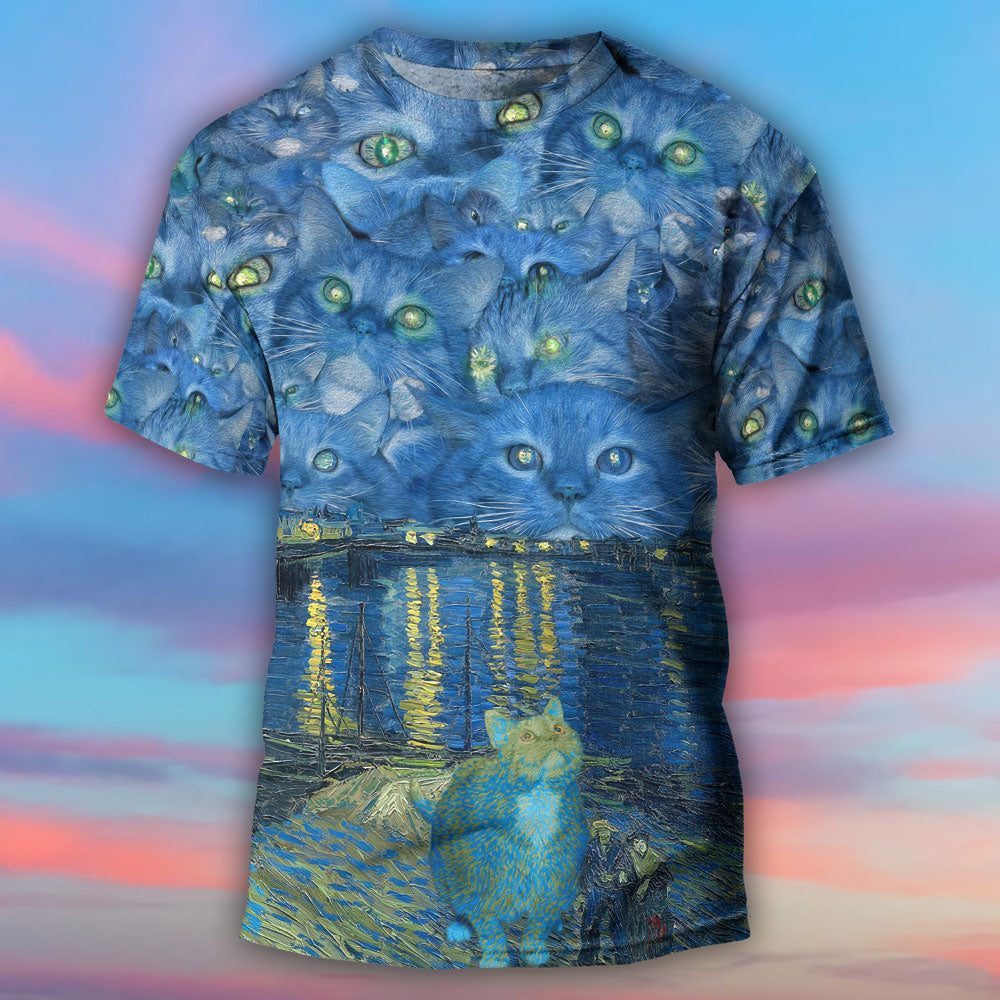 Cat Starry Night Art - Round Neck T-shirt - Owls Matrix LTD