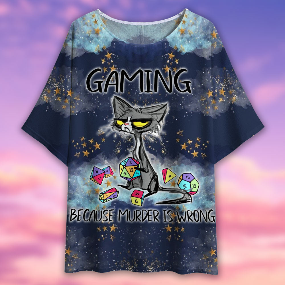 Black Cat Gaming Because Murder Is Wrong - Women's T-shirt With Bat Sleeve - Owls Matrix LTD