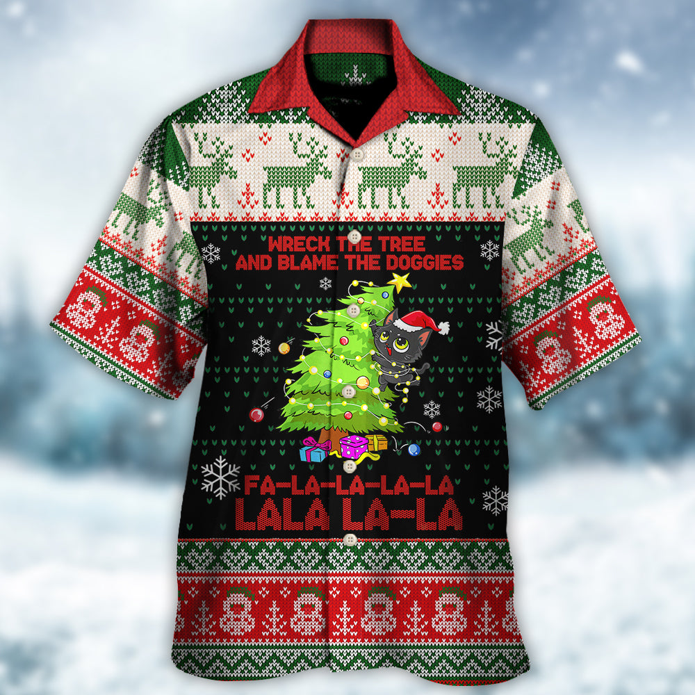 Cat Wreck The Tree Christmas Tree Light Funny Ugly Style - Hawaiian Shirt - Owls Matrix LTD