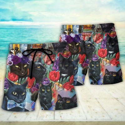 Black Cat Art With Flowers - Beach Short - Owls Matrix LTD