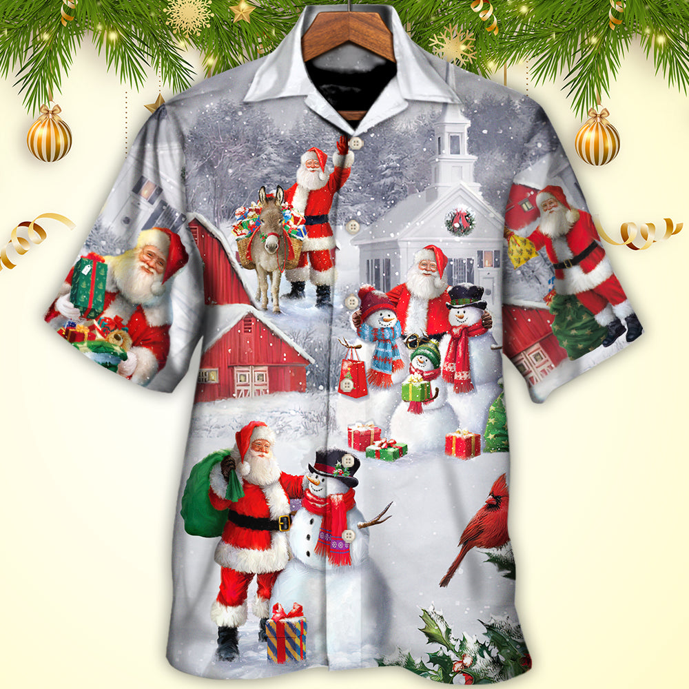 Christmas Santa Claus With Snowman Family In The Town Art Style - Hawaiian Shirt - Owls Matrix LTD